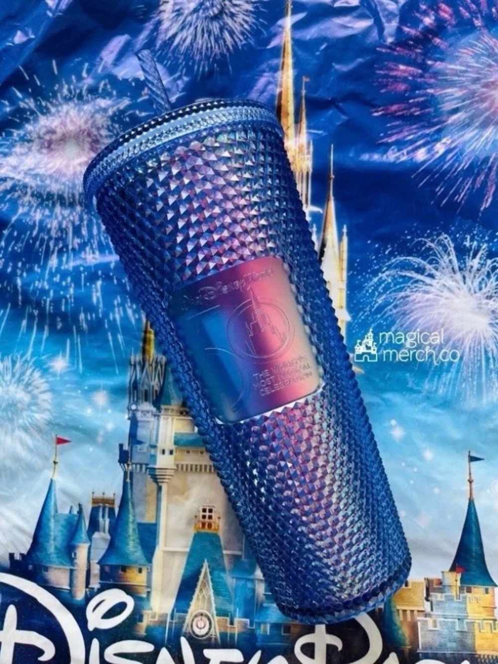 Starbucks Walt Disney World 50th Anniversary Blue Studded Tumbler RARE BEAUTIFUL